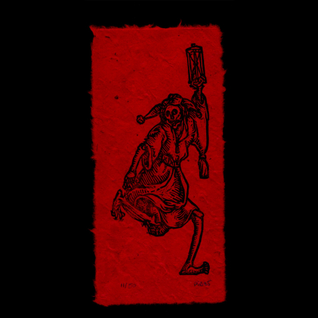 Estampe Folle qui danse, Danse Macabre, par Hans Holbein, papier lokta rouge