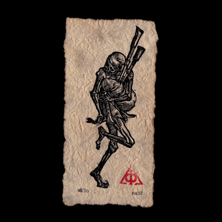 Joueur de Cornemuse, Danse Macabre, d'après Hans Holbein, papier Lokta Vieilli