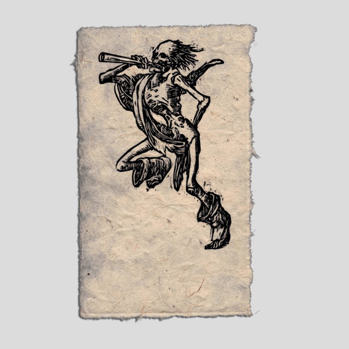Joueur de Cor, Estampe de la Danse Macabre sur papier lokta