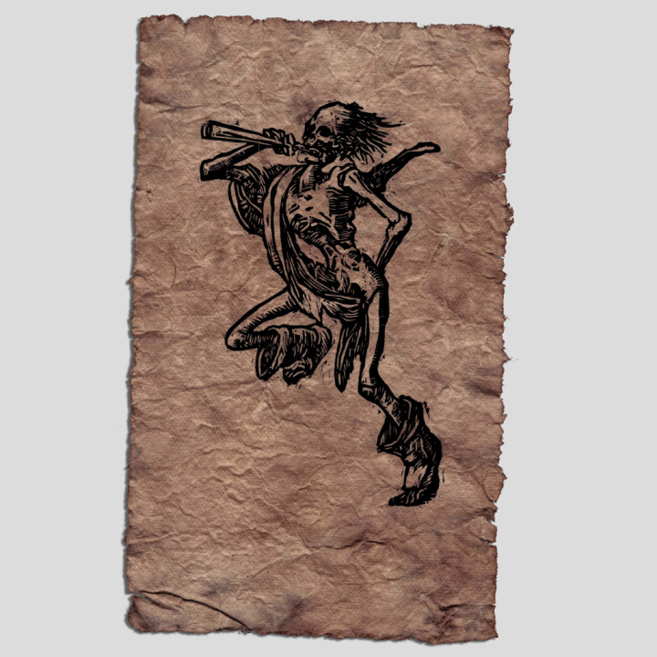 Joueur de Cor, Estampe de la Danse Macabre sur papier vieilli