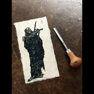 estampe du squelette jouant du violon sur papier lokta