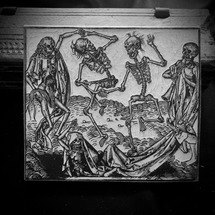 Gravure Danse Macabre Michael Wolgemut Atelier du PIB, bois gravé en Noir & Blanc