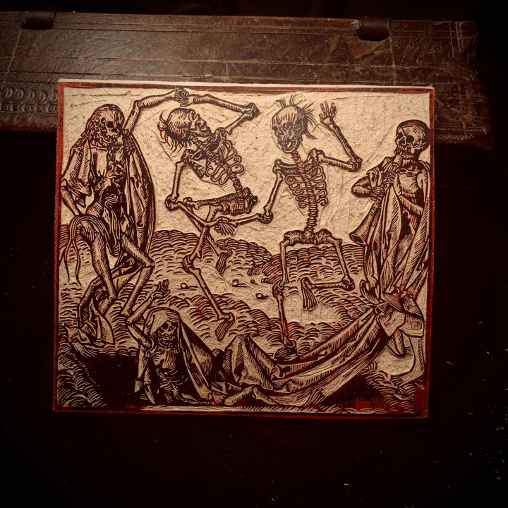 Gravure Danse Macabre Michael Wolgemut Atelier du PIB, bois gravé en couleur