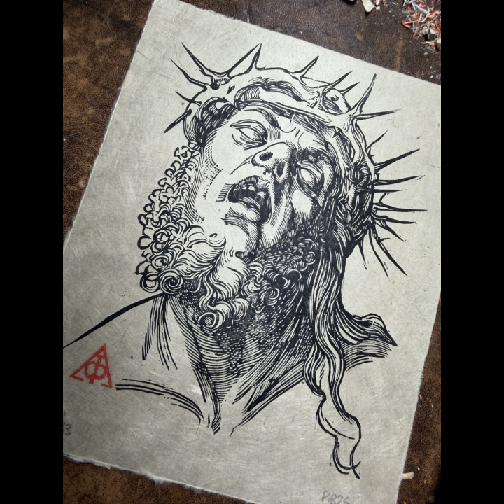 Zoom sur Estampe du Christ de Douleurs, d'après Albrecht Dürer sur papier Lokta,