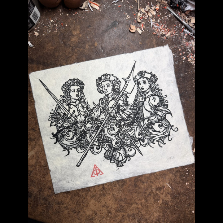 Les Amazones, Chroniques de Nuremberg, estampe sur papier lokta