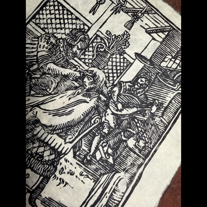 Details from the Hairdresser's print by Myriam Black and Pib on lokta paper
