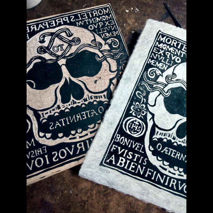 bloc memento mori & estampe papier lokta