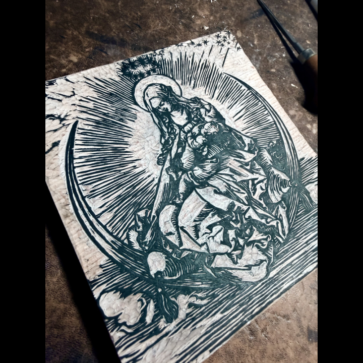 vierge et l'enfant, d'après Albrecht Dürer, bloc gravé en Hêtre