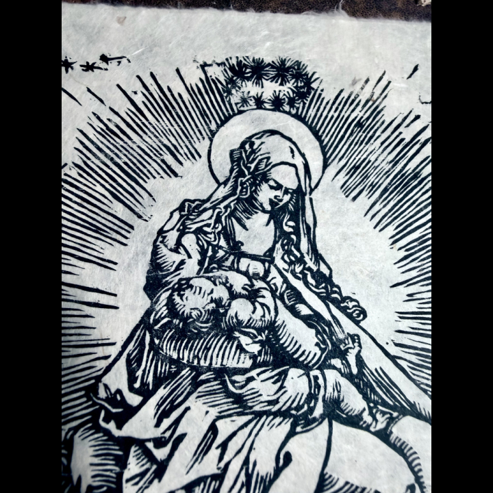 Détail de la vierge et l'enfant, d'après Albrecht Dürer, papier lokta