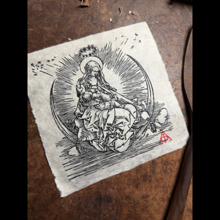 vierge et l'enfant, d'après Albrecht Dürer, papier lokta