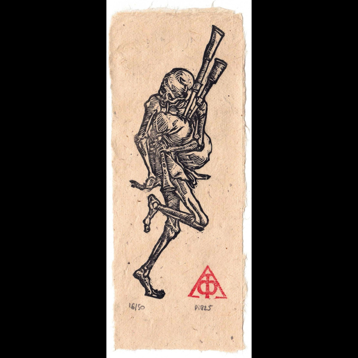 Joueur de Cornemuse, Danse Macabre, d'après Hans Holbein, papier Lokta