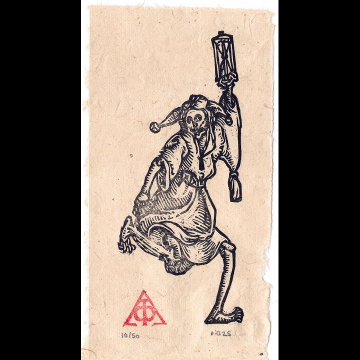 Estampe Folle qui danse, Danse Macabre, par Hans Holbein, papier lokta
